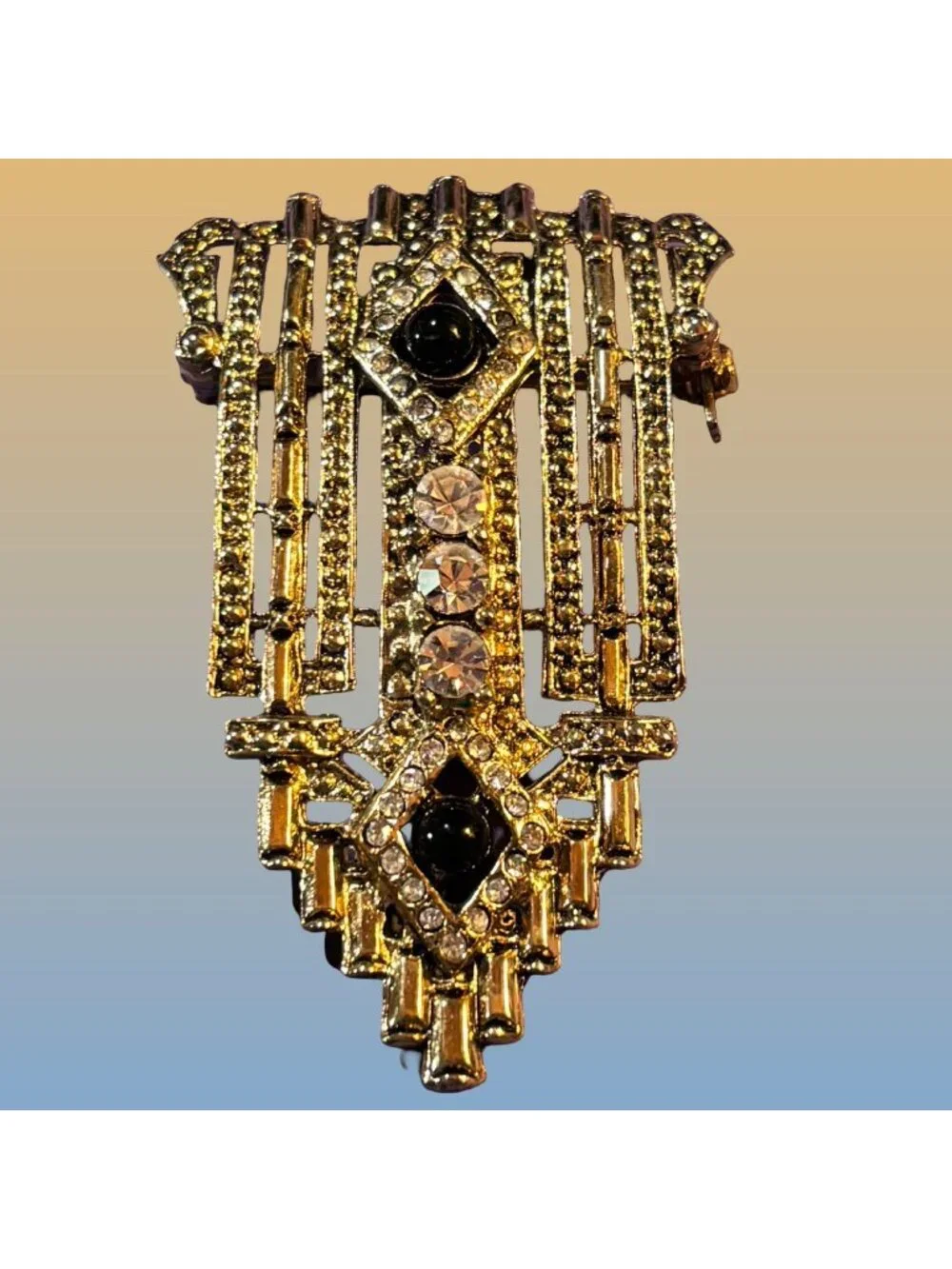 Art Deco Gold Brooch Pin With Black & Clear Rhinestones Vintage Statement Gift